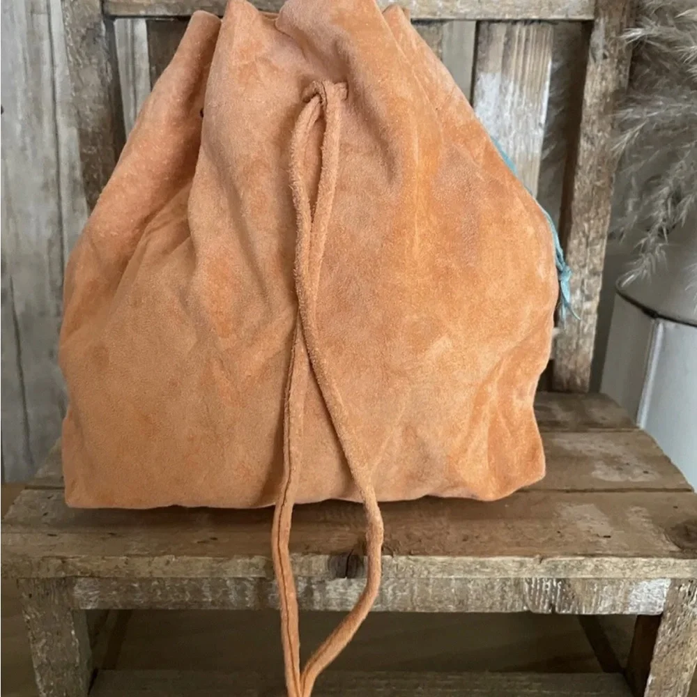 COPY - Genuine Suede Hand-crafted Drawstring Beaded Bag Peach NEW!